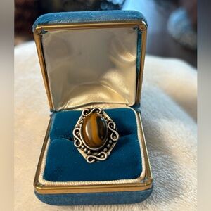 🤎Tiger’s Eye Silver-Tone Statement Ring Sz 6 • Ornate Vintage Style • Boho Luxe